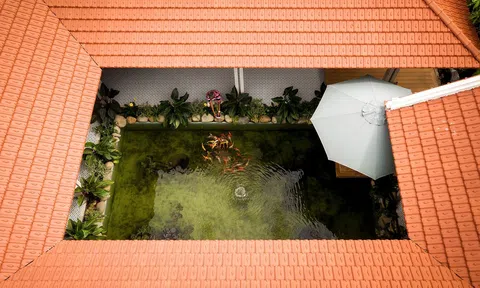 Căn nhà vườn ba gian ngói đỏ xây xung quanh hồ cá mát lạnh, trong veo