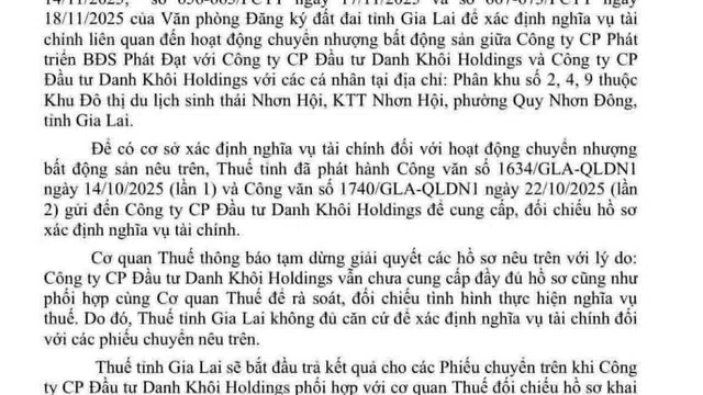 Hơn 20 hồ sơ chuyển nhượng BĐS bị “ách lại” do Danh Khôi Holdings chậm phối hợp với cơ quan thuế